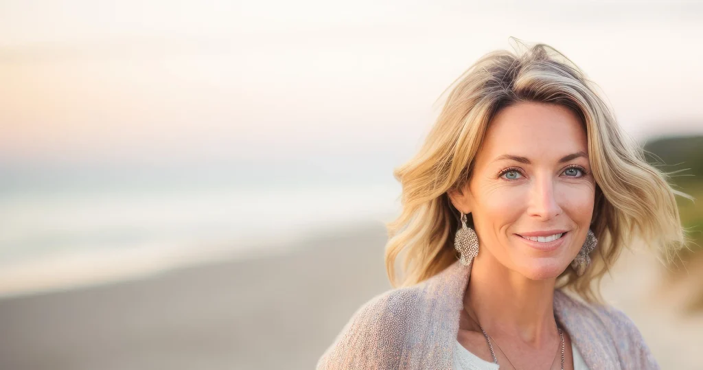 beautiful confident middle aged woman smiling on the beach